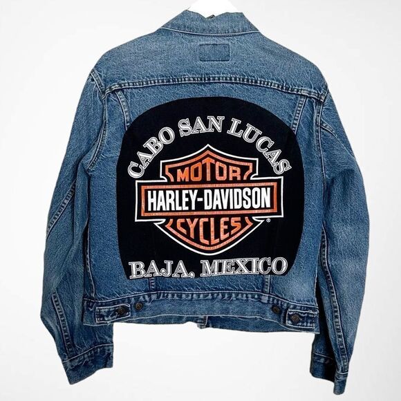 Vintage Levi Harley Davidson Reworked Upcycled Trucker Denim Jean Jacket - Picture 1 of 13